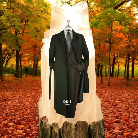 MEN'S BLACK DIAMOND 100% WOOL GABERDINE FULL LENGTH GREEN DUSTER COAT DS-3. - Picture 1 of 2